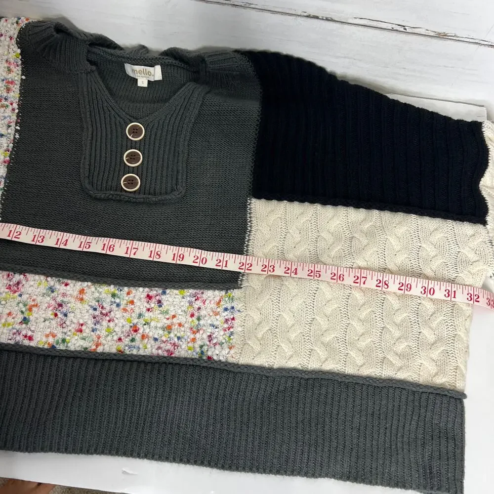 Mello Patchwork Sweater Colorblock Knit Henley Boho Size Small